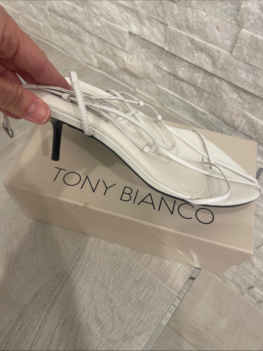 Tony Biiano White Strappy Slingback Kitten Heel Sandals